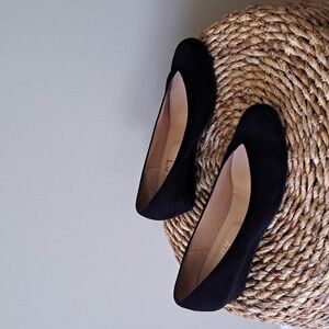 French Sole FS/NY Womens Black Suede‎ Leather Low Wedge Ballet Shoes S-8.5